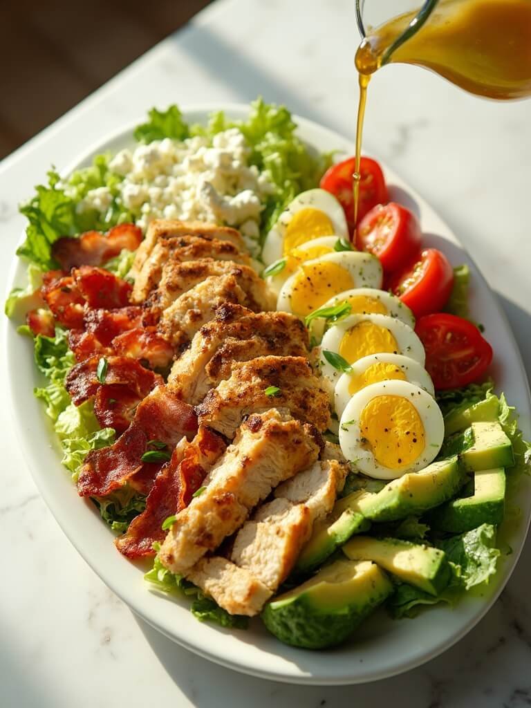 "Overhead view of a classic Cobb salad with grilled chicken, bacon, diced avocado, cherry tomatoes, hard-boiled eggs, blue cheese, and chopped chives on a white plate, accompanied by a drizzle of vinaigrette dressing."