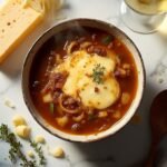 "Overhead shot of a steaming bowl of French onion soup topped with melted Gruyère cheese and caramelized onions, surrounded by ingredients on a white marble surface."