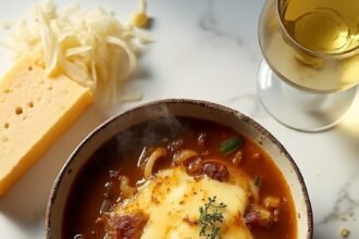 "Overhead shot of a steaming bowl of French onion soup topped with melted Gruyère cheese and caramelized onions, surrounded by ingredients on a white marble surface."