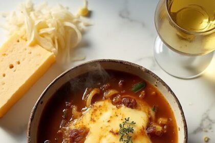 "Overhead shot of a steaming bowl of French onion soup topped with melted Gruyère cheese and caramelized onions, surrounded by ingredients on a white marble surface."