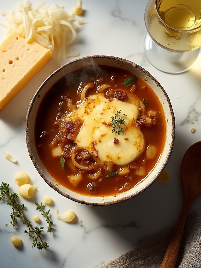 "Overhead shot of a steaming bowl of French onion soup topped with melted Gruyère cheese and caramelized onions, surrounded by ingredients on a white marble surface."