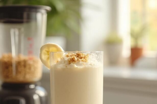 "Coconut cream protein smoothie with banana and oats on marble countertop"