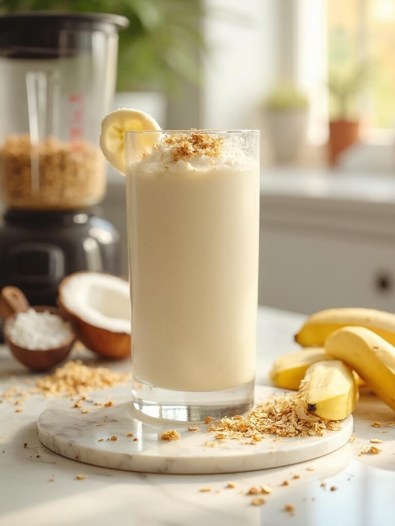 "Coconut cream protein smoothie with banana and oats on marble countertop"