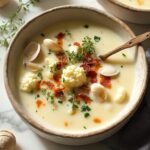"Overhead view of a bowl of creamy keto clam chowder with cauliflower and bacon, garnished with parsley, on a clean white marble surface with a wooden spoon, seasoning, and fresh herbs around it."