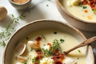 "Overhead view of a bowl of creamy keto clam chowder with cauliflower and bacon, garnished with parsley, on a clean white marble surface with a wooden spoon, seasoning, and fresh herbs around it."