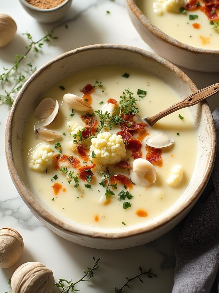 "Overhead view of a bowl of creamy keto clam chowder with cauliflower and bacon, garnished with parsley, on a clean white marble surface with a wooden spoon, seasoning, and fresh herbs around it."