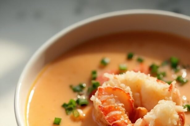 "Creamy keto lobster bisque garnished with fresh chives and lobster chunks in a white porcelain bowl on a clean marble countertop"