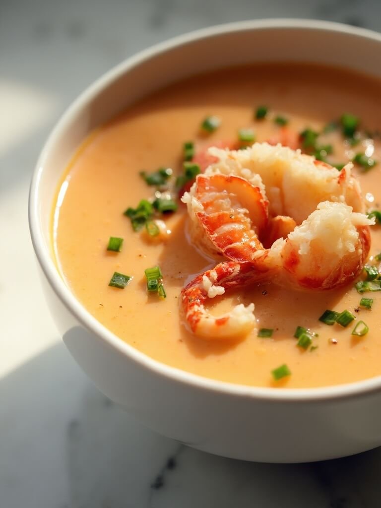 "Creamy keto lobster bisque garnished with fresh chives and lobster chunks in a white porcelain bowl on a clean marble countertop"