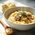 "Creamy mushroom cauliflower risotto with Parmesan, thyme, and truffle oil in a ceramic bowl on a marble surface, lit by warm natural light."