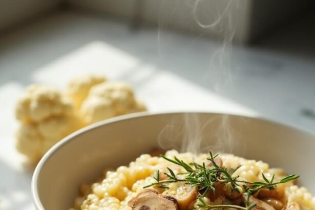 "Creamy mushroom cauliflower risotto with Parmesan, thyme, and truffle oil in a ceramic bowl on a marble surface, lit by warm natural light."