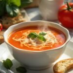 "Bowl of creamy tomato basil soup with fresh basil, Parmesan cheese, croutons and olive oil on a white marble surface with ingredients"