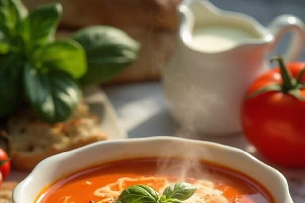 "Bowl of creamy tomato basil soup with fresh basil, Parmesan cheese, croutons and olive oil on a white marble surface with ingredients"
