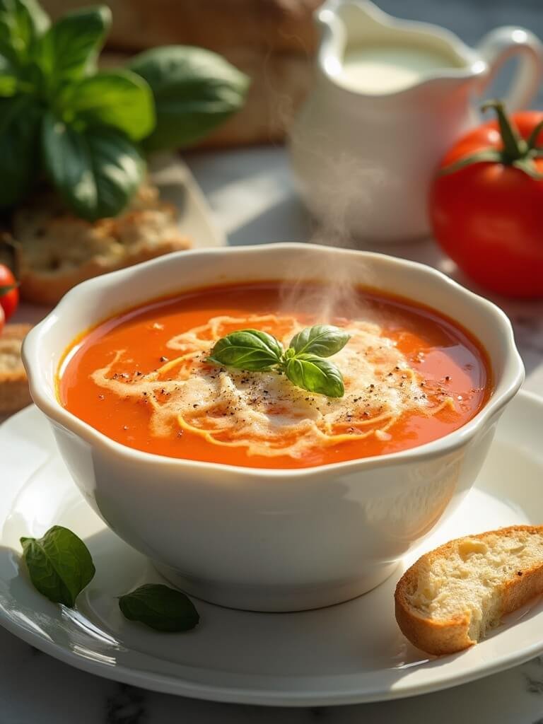 "Bowl of creamy tomato basil soup with fresh basil, Parmesan cheese, croutons and olive oil on a white marble surface with ingredients"