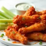 "Crispy baked buffalo wings with celery and blue cheese on white background"