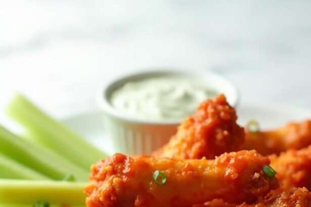 "Crispy baked buffalo wings with celery and blue cheese on white background"