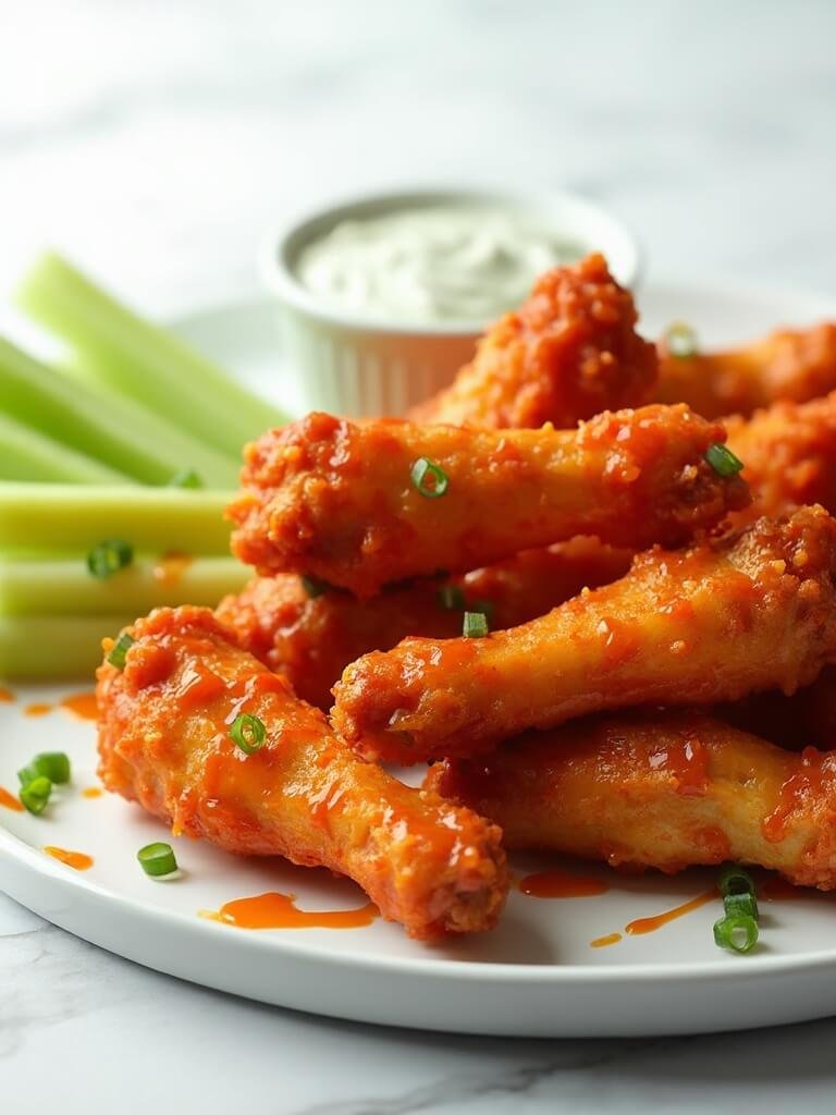 "Crispy baked buffalo wings with celery and blue cheese on white background"