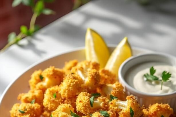 "Crispy garlic parmesan cauliflower fries with breadcrumb coating on white ceramic plate, served with ranch dipping sauce and lemon wedges on marble countertop with red tile backsplash in background."