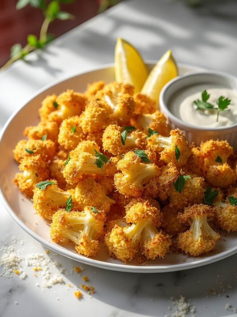 "Crispy garlic parmesan cauliflower fries with breadcrumb coating on white ceramic plate, served with ranch dipping sauce and lemon wedges on marble countertop with red tile backsplash in background."