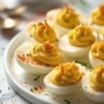 "Overhead shot of deviled eggs with creamy mayo-mustard filling, paprika dusting and chive topping on a white platter, with kitchen elements in the background"