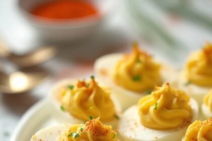 "Overhead shot of deviled eggs with creamy mayo-mustard filling, paprika dusting and chive topping on a white platter, with kitchen elements in the background"
