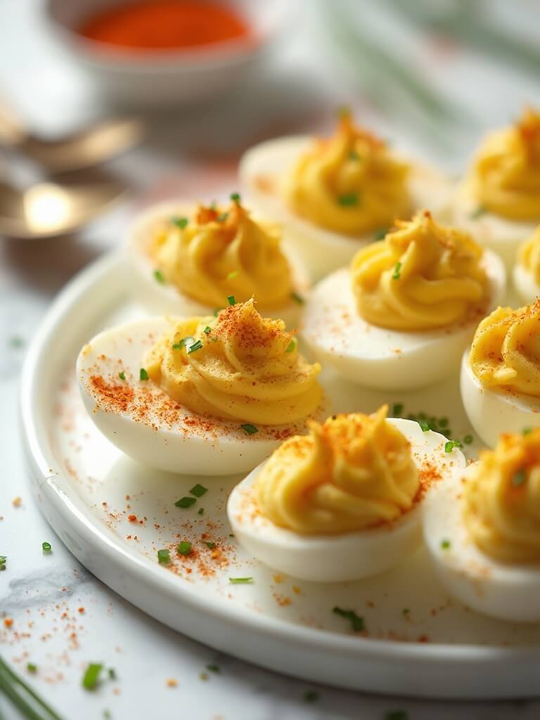 "Overhead shot of deviled eggs with creamy mayo-mustard filling, paprika dusting and chive topping on a white platter, with kitchen elements in the background"
