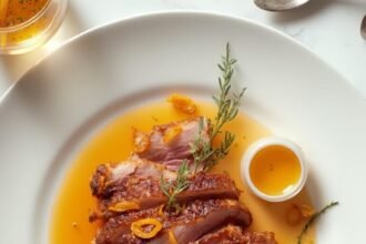 "Sliced crispy duck breast with orange butter sauce on white porcelain plate, garnished with orange zest and microgreens on a clean marble background"