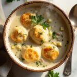 "Overhead shot of a rustic bowl of creamy chicken and dumplings with almond flour dumplings, celery, and onions on a clean white marble background with parsley garnish, silver spoon, and linen napkin."