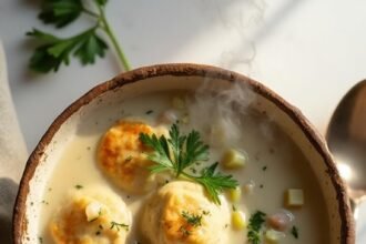 "Overhead shot of a rustic bowl of creamy chicken and dumplings with almond flour dumplings, celery, and onions on a clean white marble background with parsley garnish, silver spoon, and linen napkin."