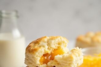 "Stack of fluffy keto biscuits made with almond flour and cheddar cheese on a white marble background, adorned with ingredients like blanched almonds and shredded cheese"