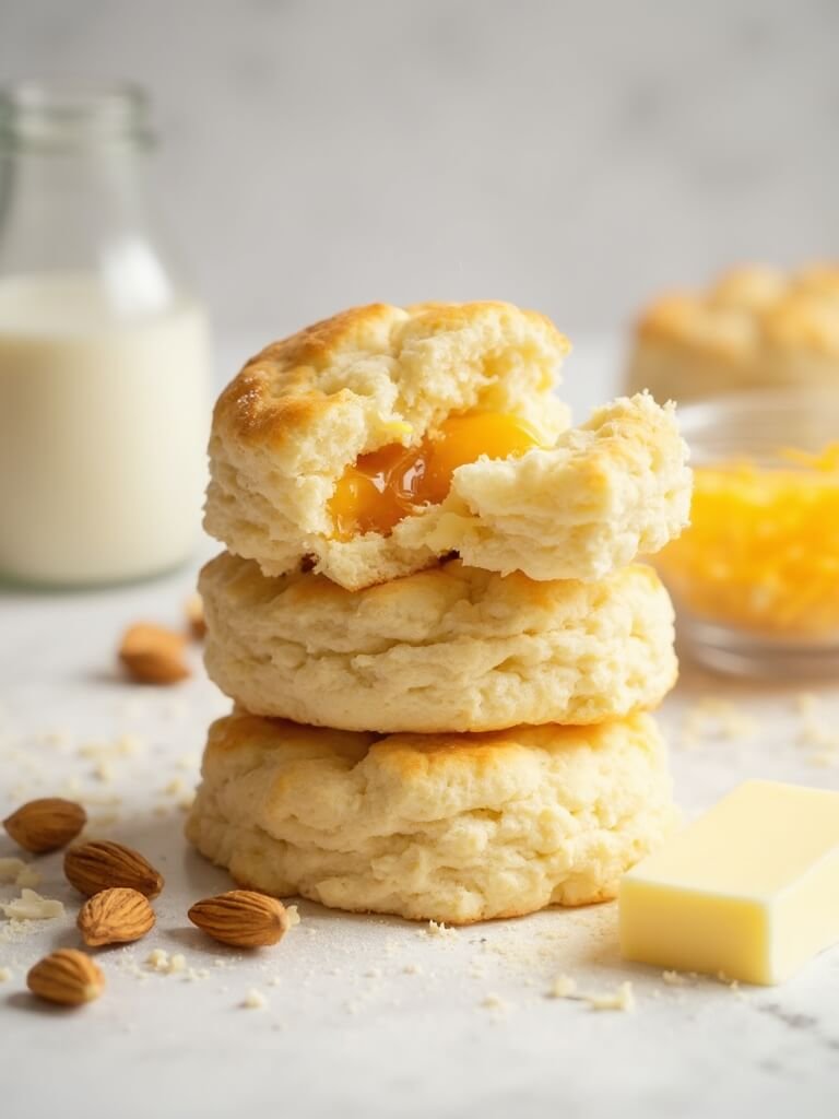 "Stack of fluffy keto biscuits made with almond flour and cheddar cheese on a white marble background, adorned with ingredients like blanched almonds and shredded cheese"