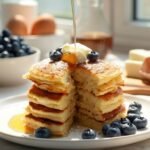 "Fluffy keto pancakes made with almond flour and cream cheese, served with blueberries, butter, and sugar-free syrup on a white plate and clean background."
