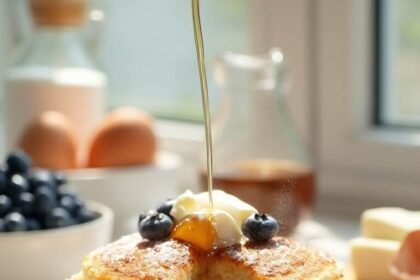 "Fluffy keto pancakes made with almond flour and cream cheese, served with blueberries, butter, and sugar-free syrup on a white plate and clean background."