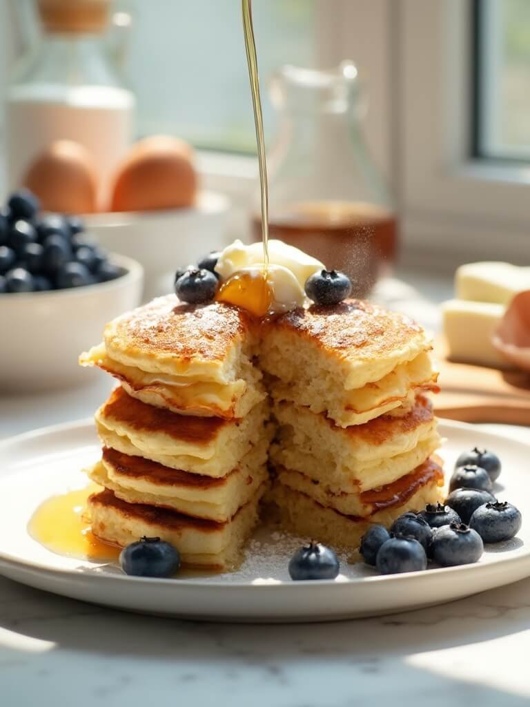 "Fluffy keto pancakes made with almond flour and cream cheese, served with blueberries, butter, and sugar-free syrup on a white plate and clean background."