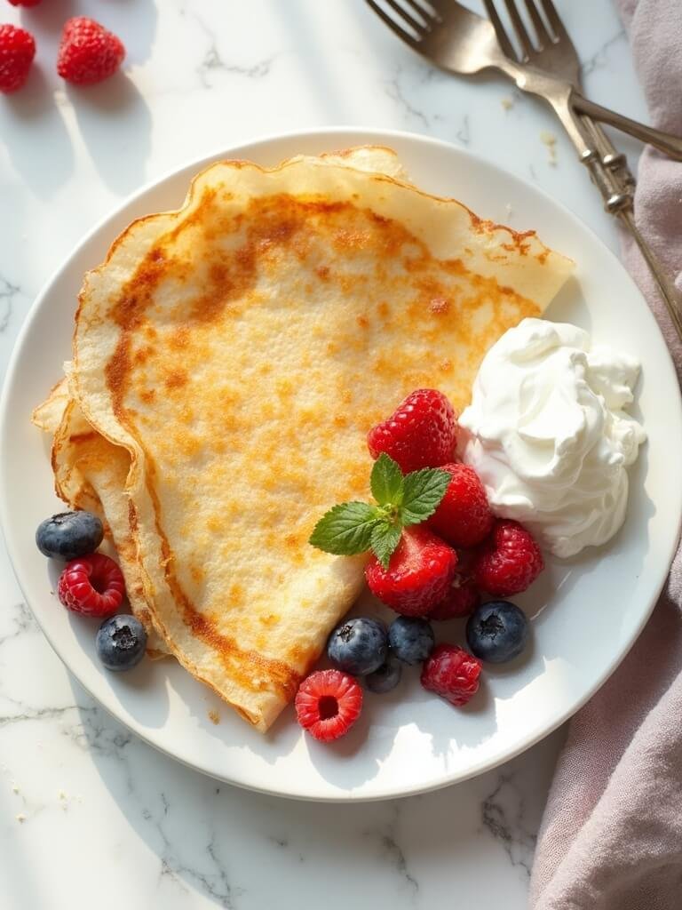 "Golden coconut flour crepes with fresh berries and whipped cream on a white porcelain plate, presented on a clean marble background"