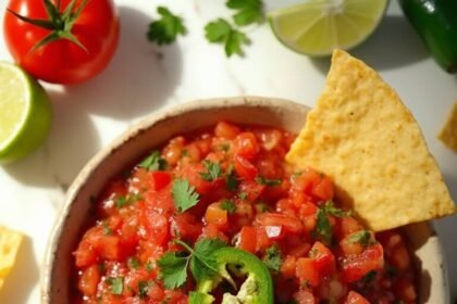 "Fresh homemade salsa with diced tomatoes, red onion, jalapenos, cilantro, and lime in a ceramic bowl on a white marble countertop, surrounded by tortilla chips, limes, and fresh ingredients."