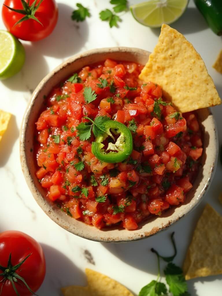 "Fresh homemade salsa with diced tomatoes, red onion, jalapenos, cilantro, and lime in a ceramic bowl on a white marble countertop, surrounded by tortilla chips, limes, and fresh ingredients."