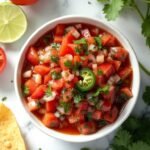 "Overhead shot of fresh pico de gallo in a white bowl with surrounding ingredients on a marble countertop"