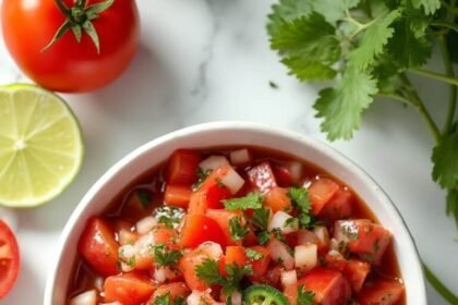 "Overhead shot of fresh pico de gallo in a white bowl with surrounding ingredients on a marble countertop"