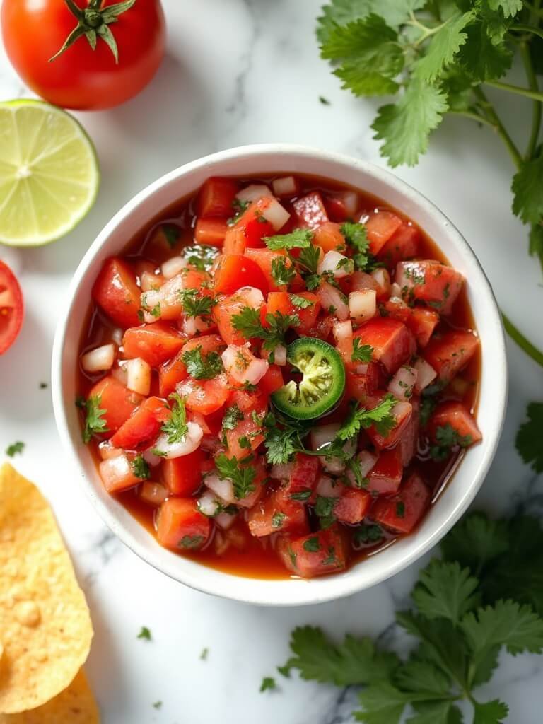 "Overhead shot of fresh pico de gallo in a white bowl with surrounding ingredients on a marble countertop"