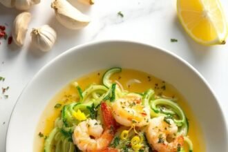 "Overhead shot of garlic butter shrimp scampi with zucchini noodles in a white ceramic bowl, garnished with parsley, lemon zest, and red pepper flakes on a marble background"