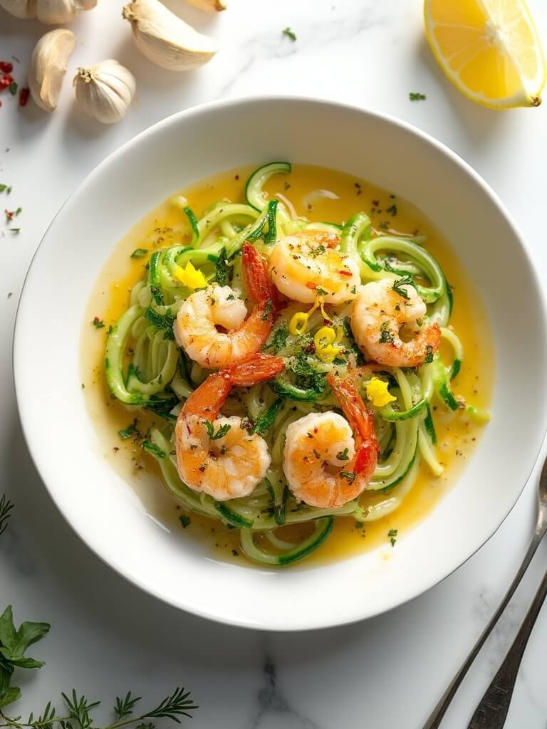 "Overhead shot of garlic butter shrimp scampi with zucchini noodles in a white ceramic bowl, garnished with parsley, lemon zest, and red pepper flakes on a marble background"