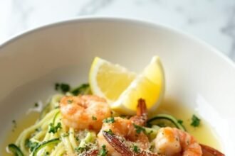 "Garlic butter shrimp with spiralized zucchini noodles in a white bowl, garnished with Parmesan and parsley, on a white marble background"