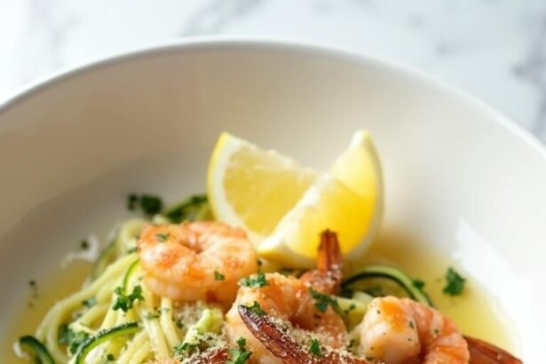 "Garlic butter shrimp with spiralized zucchini noodles in a white bowl, garnished with Parmesan and parsley, on a white marble background"