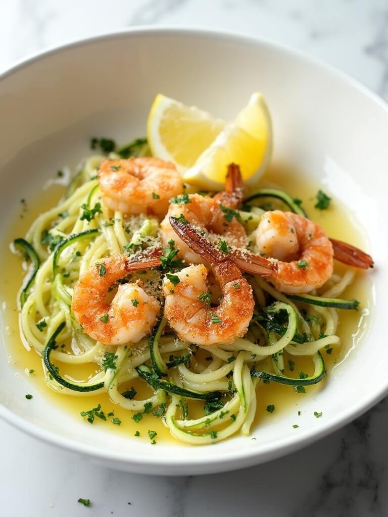 "Garlic butter shrimp with spiralized zucchini noodles in a white bowl, garnished with Parmesan and parsley, on a white marble background"