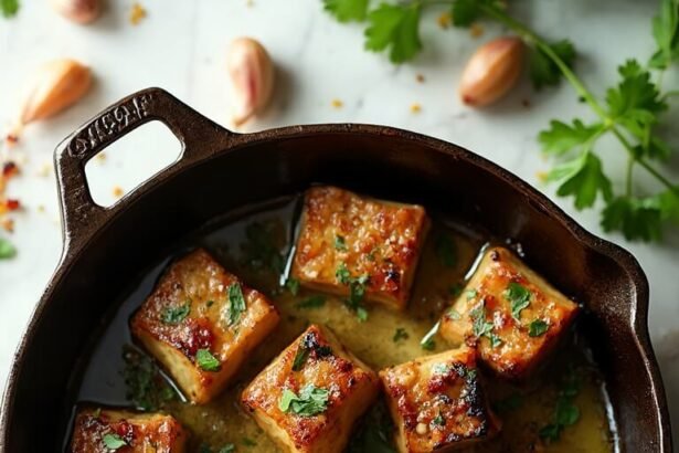 "Seared garlic butter steak bites in a cast-iron skillet with parsley and red pepper flakes on a white marble background"