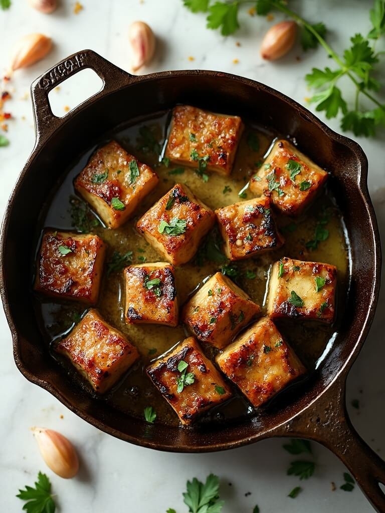 "Seared garlic butter steak bites in a cast-iron skillet with parsley and red pepper flakes on a white marble background"