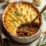 "Baked cauliflower shepherd's pie with vegetables and herbs on a marble background"