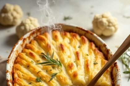 "Baked cauliflower shepherd's pie with vegetables and herbs on a marble background"