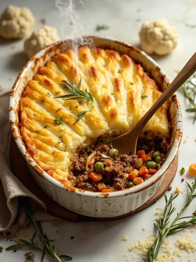 "Baked cauliflower shepherd's pie with vegetables and herbs on a marble background"