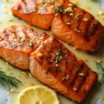 "Overhead shot of grilled salmon with lemon butter sauce and fresh dill on a white marble background"